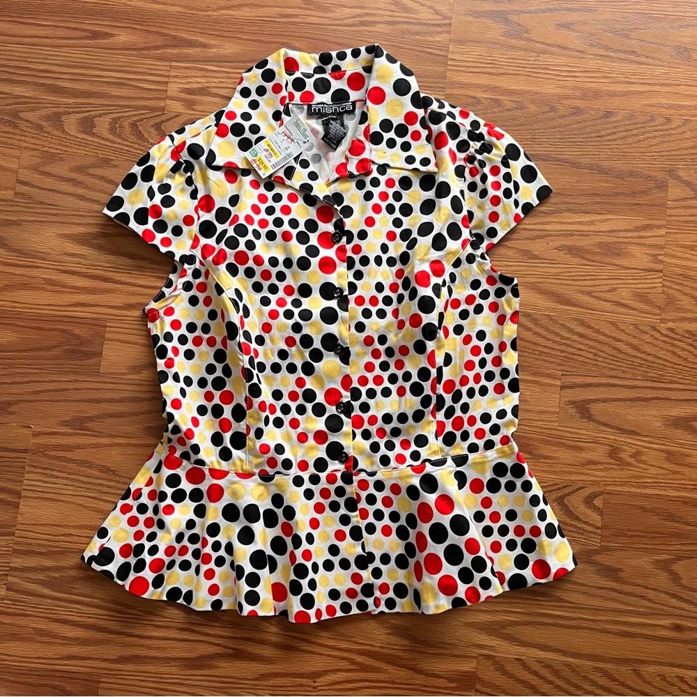 Mishca Button Down Women’s PM  Polka Dot Peplum Top NWT